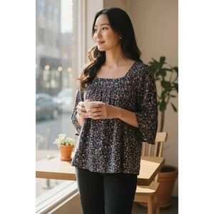 Women's Lucky Brand Floral Boho Top Navy Peasant Blouse 3/4 Sleeve Size‎ L